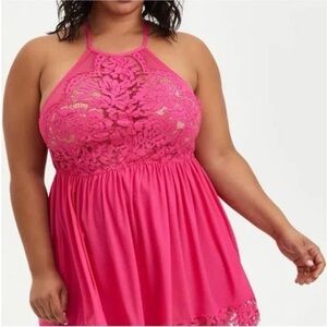 Torrid Curve Plus Size 2X Hot Pink Halter Mesh Lace Chemise Babydoll Valentine